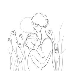 Hand drawn line art of mother and kid in flowers background