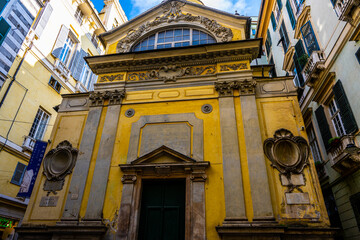 Baroque Façade of the Chiesa della Maddalena in the Narrow Streets of Genoa, Italy