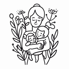 Hand drawn line art of mother and kid in flowers background