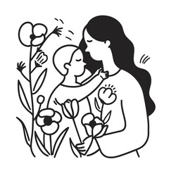 Hand drawn line art of mother and kid in flowers background
