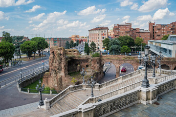 Ruins of Galliera castle next to the Pincio scenographic staircase in Montagnola park and city architecture, Bologna ITALY