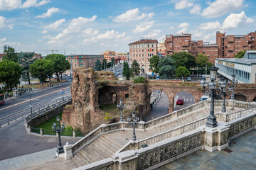 Ruins of Galliera castle next to the Pincio scenographic staircase in Montagnola park and city...