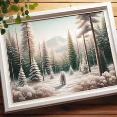 Wooden White Framed Painting of a Forest with a Magnificent Polar Bear (Ursus maritimus) Animal in Natural Winter Environment, Christmas White Trees, & Bushes with Snow on Ground Searching for Berries