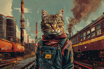 Funny cats are wearing a suit of builder or worker. Pet craftsman. Labour Day. Creative industry concept for card, banner, poster