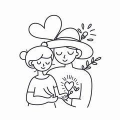 Hand drawn line art of mother and kid in flowers background