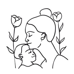 Hand drawn line art of mother and kid in flowers background