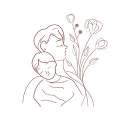 Hand drawn line art of mother and kid in flowers background