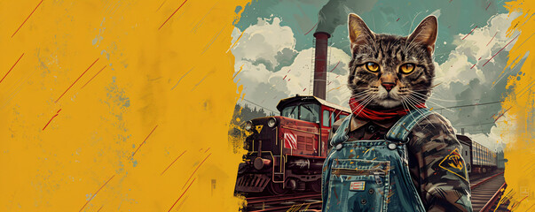 Funny cats are wearing a suit of builder or worker. Pet craftsman. Labour Day. Creative industry concept for card, banner, poster