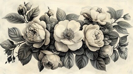 Nostalgic old engraving, delicate flowers immortalized in intricate detail, evoking the timeless beauty and craftsmanship of traditional engraving techniques, a vintage tribute to nature's elegance
