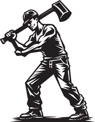Blueprint Basher Construction Worker with Hammer Icon Hard Hat Hero Vector Logo of a Hammer Wielding Worker