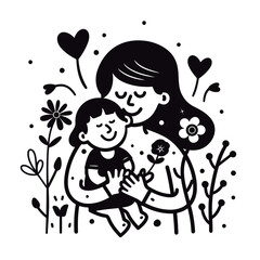 Hand drawn line art of mother and kid in flowers background