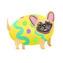 
A whimsical illustration of a dog with an egg-shaped body, adorned with colorful Easter spots, exuding playful charm and holiday fun.