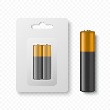 Vector 3D Realistic Alkaline Battery Set in Paper Blister Closeup Isolated. AA Size. Design Template for Branding and Mockup. Energy and Technology Concept