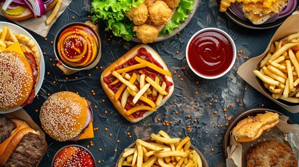 Unhealthy fast food with sauces on wooden table. Top view of various fast foods on the table. 