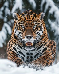 Impressive Leopard feline big cat in the snow illustration made with Generative AI 