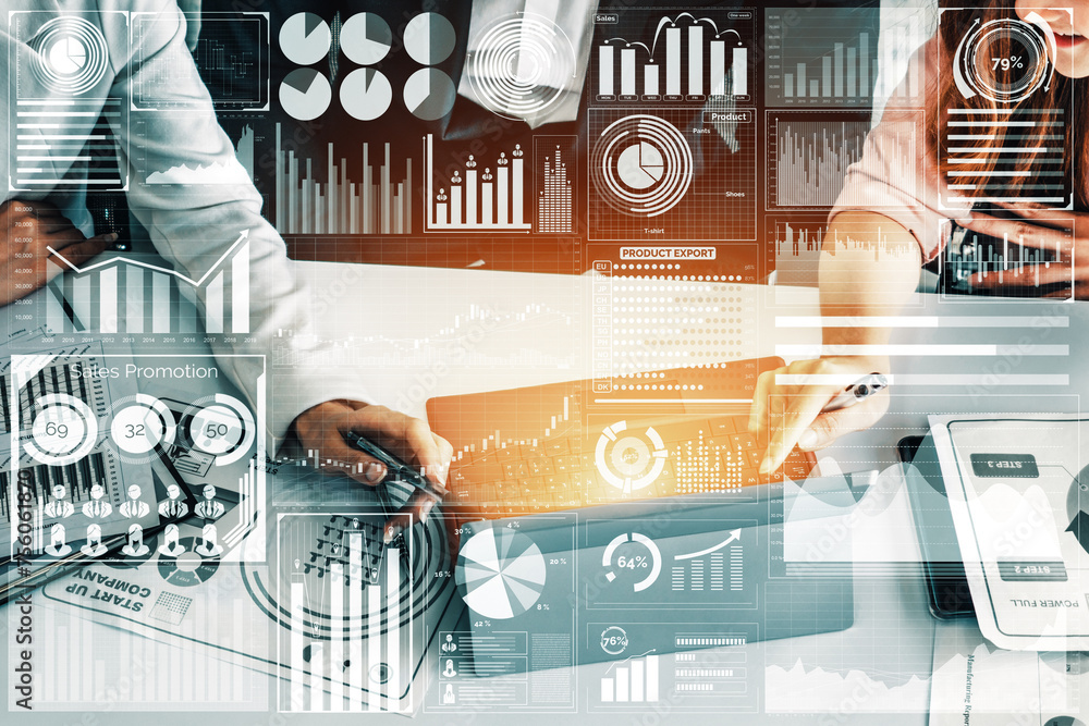 Poster big data technology for business finance analytic concept. modern interface shows massive informatio