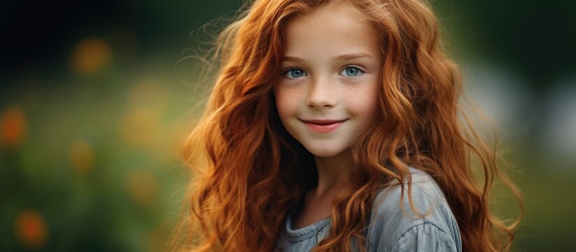 A happy young girl with long red hair is smiling for the camera, showing off her sparkling eyes and bright smile. Her eyebrows are raised in excitement, and she is having fun posing for the picture
