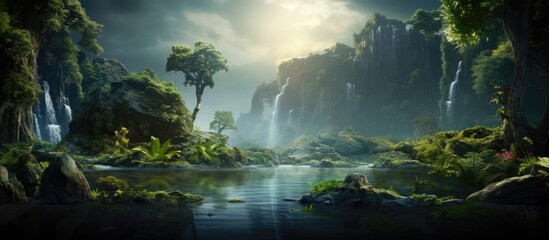 A majestic waterfall cascades in the heart of the lush forest, surrounded by towering trees and vibrant plant life under the open sky - obrazy, fototapety, plakaty