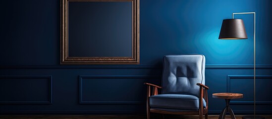 Interior design with dark blue wall, mirror lamp, armchair, frame, picture, wooden details, and brown parquet.