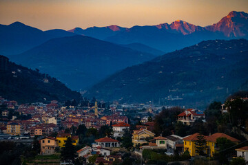 Sunset Hues over the Mountainous Terrain of Liguria in the Italian Riviera