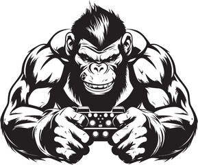 Primate Powerplay Muscular Ape Icon Gamepad Gladiator Powerful Primate Vector Emblem