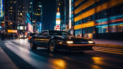 A black modern racing car travelling through the city light. Long exposure shot showing neon lights and tall buildings of the bustling city. 