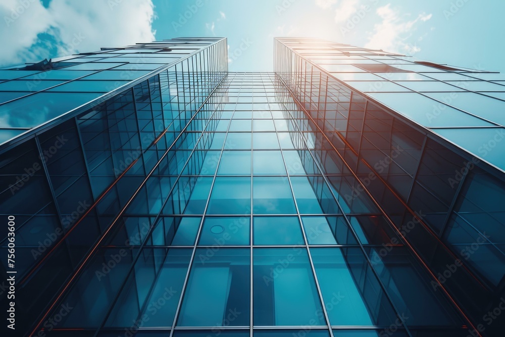 Poster a view of a tall building with a blue sky and clouds. generative ai.