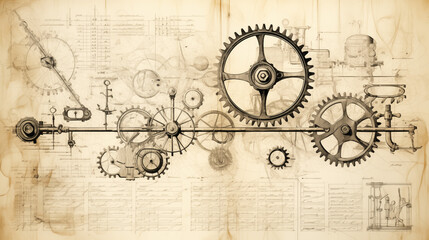 Antique-Styled Mechanical Gears Drafting Illustration