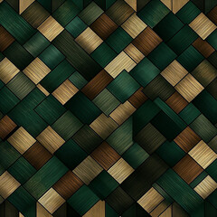  A seamless pattern with tapestry-like geometric squares, their surfaces adorned in dark green and beige stripes, creating an elegant texture, 1:1.