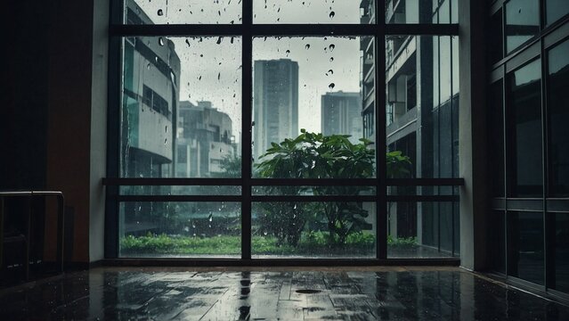 Interior of an empty modern building with rain outside presenting a very cinematic view.