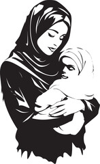 Cradled in Modesty Hijab Mom and Baby Vector Elegant Embrace Traditional Hijab Mother and Child Emblem