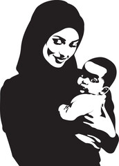 Veiled Virtue Traditional Hijab Mom and Newborn Emblem Modest Maternity Hijab Woman with Small Child Vector
