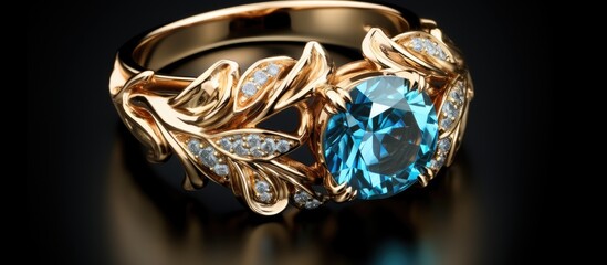 A beautiful jewellery piece featuring a gold ring with a stunning electric blue stone and sparkling diamonds, displayed on a sleek black surface