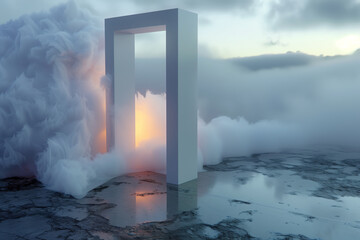 White door in abstract space. White door in anm unreal, abstract space with volumetric light and fog.