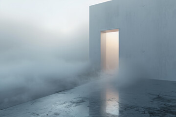 White door in abstract space. White door in anm unreal, abstract space with volumetric light and fog.