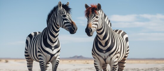Naklejka premium Two zebras, elegant with black and white stripes, stand gracefully side by side in the arid desert landscape under the vast blue sky