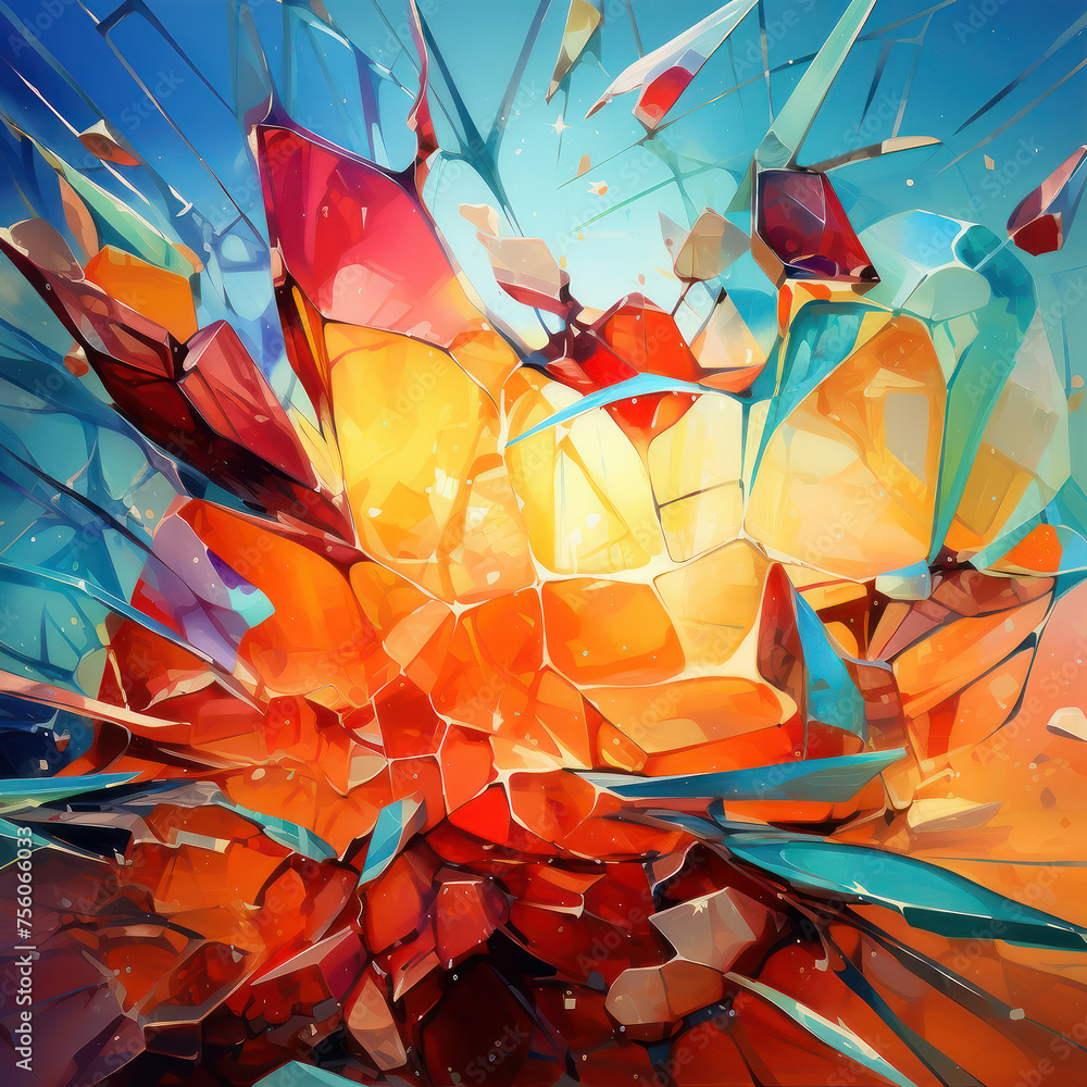 Poster dynamic abstract composition with colorful glass fragments and light