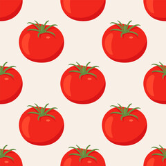 Flat Vector Seamless Pattern with Fresh Tomato on a White Background. Seamless Vegetable Print with Whole Tomatoes