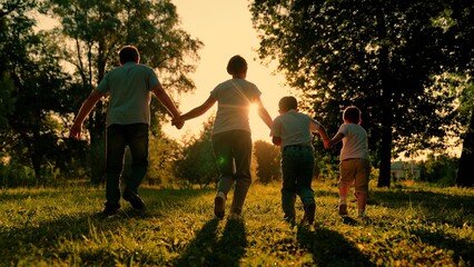 Family Dad, mother, child, son run together. Happy family, holding hands, runs towards sun, has fun...