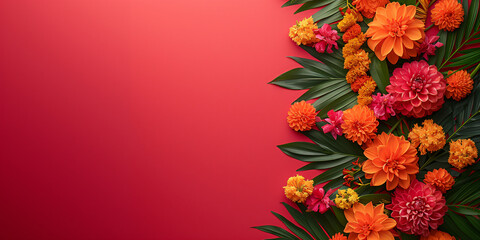 Traditional Indian floral garland toran made of marigold flowers and mango leaves on bright pink background. Happy Diwali festival, Pongal or Gudi Padwa. Decoration for Indian hindu holidays, wedding - obrazy, fototapety, plakaty