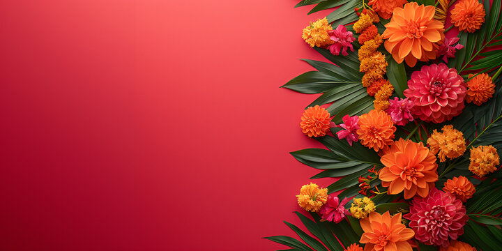 Traditional Indian floral garland toran made of marigold flowers and mango leaves on bright pink background. Happy Diwali festival, Pongal or Gudi Padwa. Decoration for Indian hindu holidays, wedding
