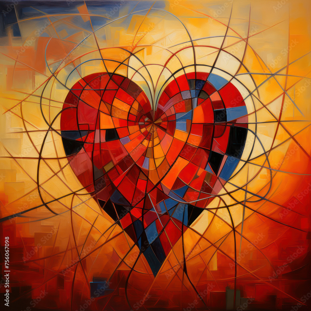 Poster abstract painting portraying a harmonious heart with geometric complexity