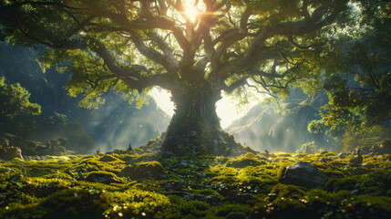 A majestic ancient tree bathes in the sun's rays, surrounded by a lush, green forest clearing with a mystical feel. - obrazy, fototapety, plakaty