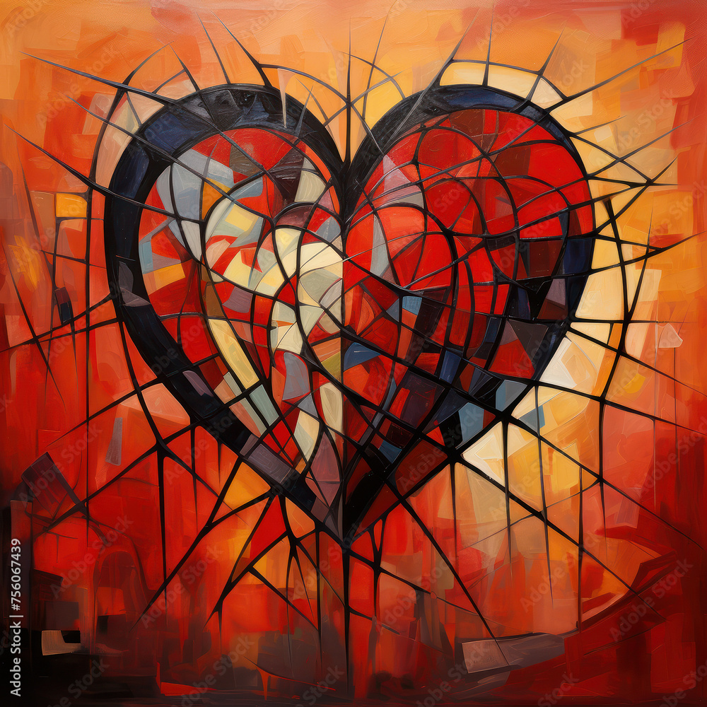 Poster a complex abstract rendition of a heart with interlocking geometric shapes