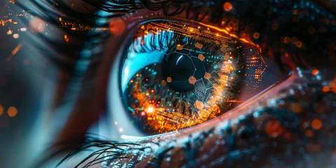 Poster Macro shot of an eye with futuristic cyber patterns and light reflections, depicting advanced technology and digital surveillance concepts. © AI Visual Vault