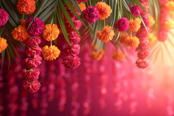 Traditional Indian floral garland toran made of marigold flowers and mango leaves on bright pink background. Happy Diwali festival, Pongal or Gudi Padwa. Decoration for Indian hindu holidays, wedding