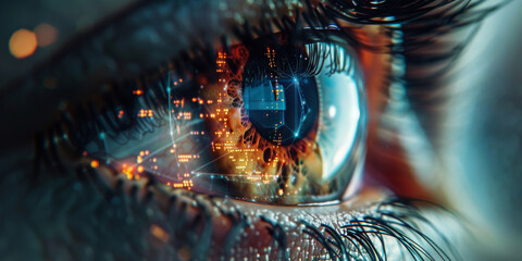 A macro photograph of an eye merged with digital elements, symbolizing the fusion of organic and cybernetic visions.