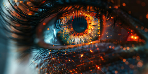 A dynamic image of an eye with technological graphics, conveying the idea of cybernetic advancements and optical data processing. - Powered by Adobe