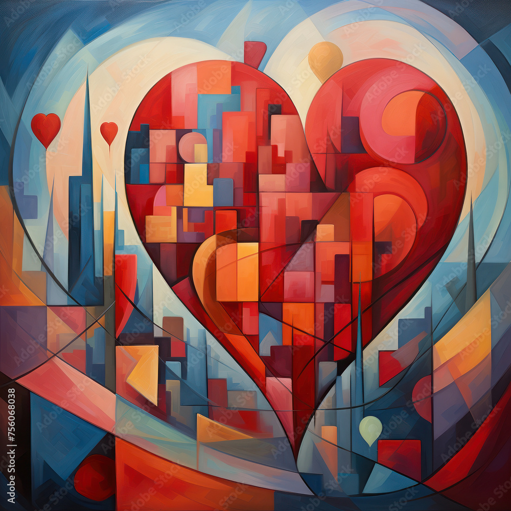 Poster bold cubist representation of intersecting lines and shapes forming a heart