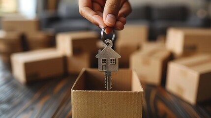 Moving house, Key house keychain in new home. Buy or rent real estate concept - obrazy, fototapety, plakaty